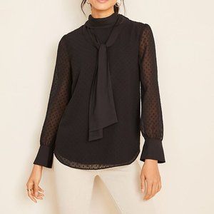 NWT Ann Taylor Black Clip Dot Mock Neck Bow Blouse